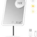 DESCHEN 2000mAh Rechargeable Makeup Vanity Mirror with Lights, 11.6" Large Lighted Makeup Mirror with 3 Color Lights and 3.5" Detachable 10X Magnification, Light Make Up Desk Mirror with Lighting