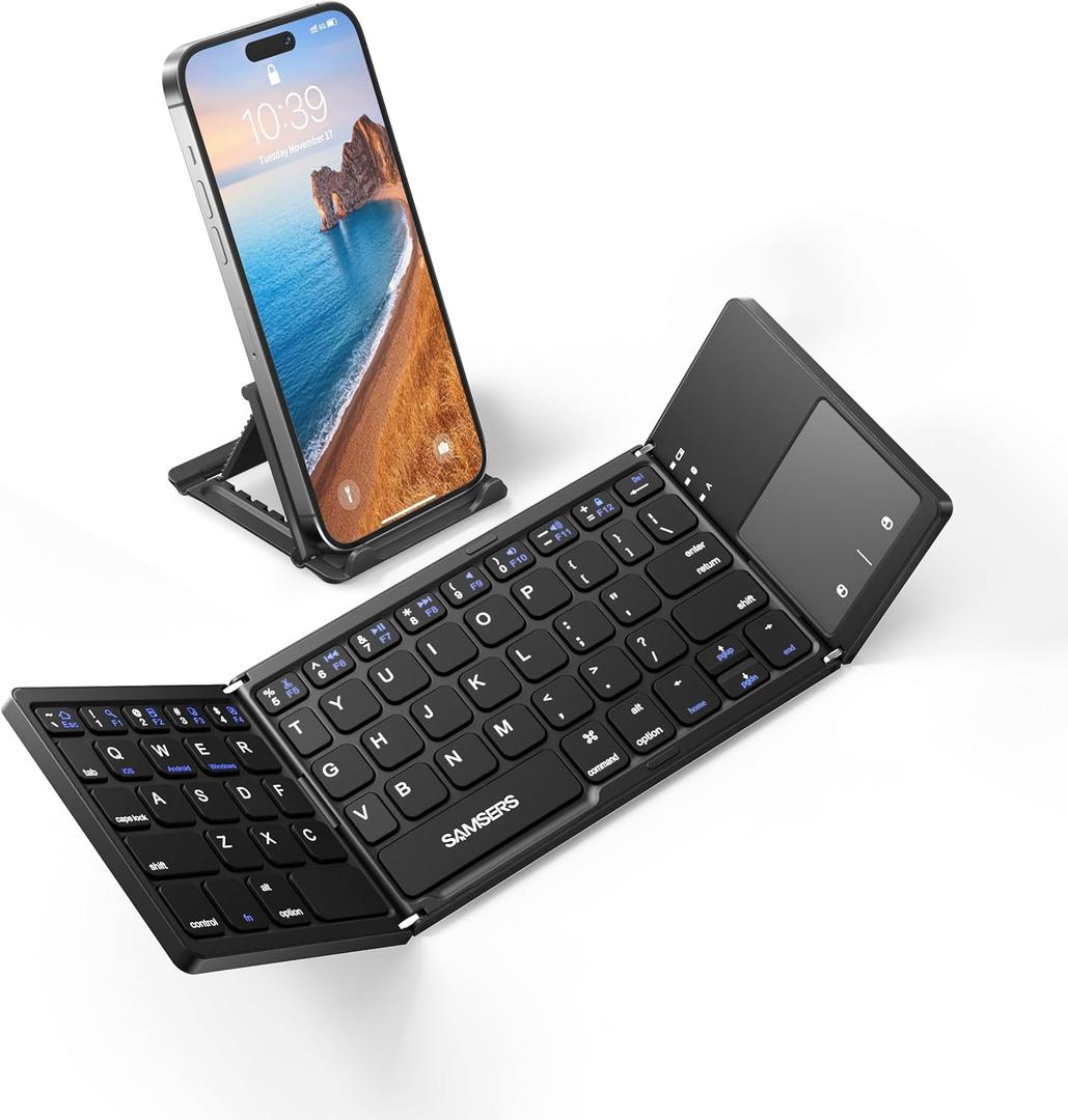 Samsers Foldable Bluetooth Keyboard with Touchpad - Portable Wireless Keyboard with Holder, Rechargeable Full Size Ultra Slim Pocket Folding Keyboards for Android Windows iOS Tablet & Laptop - Black (1-Device)