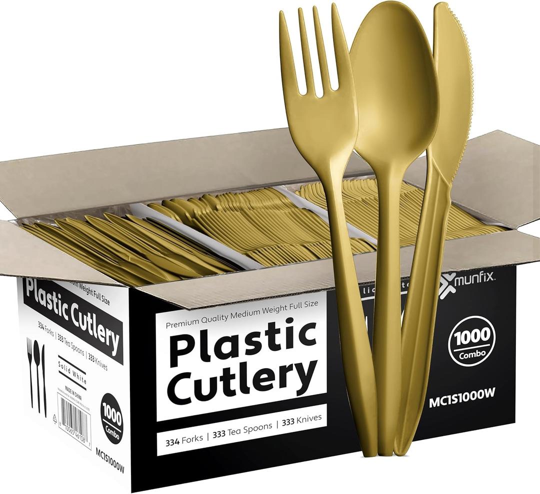 1000 Count Gold Silverware Set, 334 Forks, 333 Spoons, 333 Knives, Medium Weight BPA Free Disposable Plastic Cutlery Set, Bulk Combo Pack Flatware Set for Party Supplies