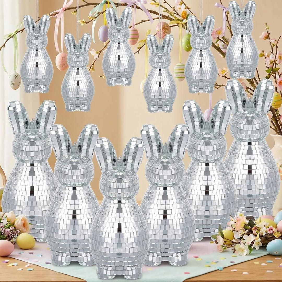 12 Pcs Easter Bunny Ornaments 6'' Silver Disco Easter Bunny Tree Decoration Cute Rabbit Hanging Ornament Silver Disco Mirror Ball for Home Office Spring Party Decor Gifts