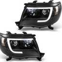 waltyotur Driver and Passenger Side Headlights Replacement for Tacoma 2005-2011 Black Smoked Tube Projector Left and Right Headlamps Assembly 8111004160, 8111004163