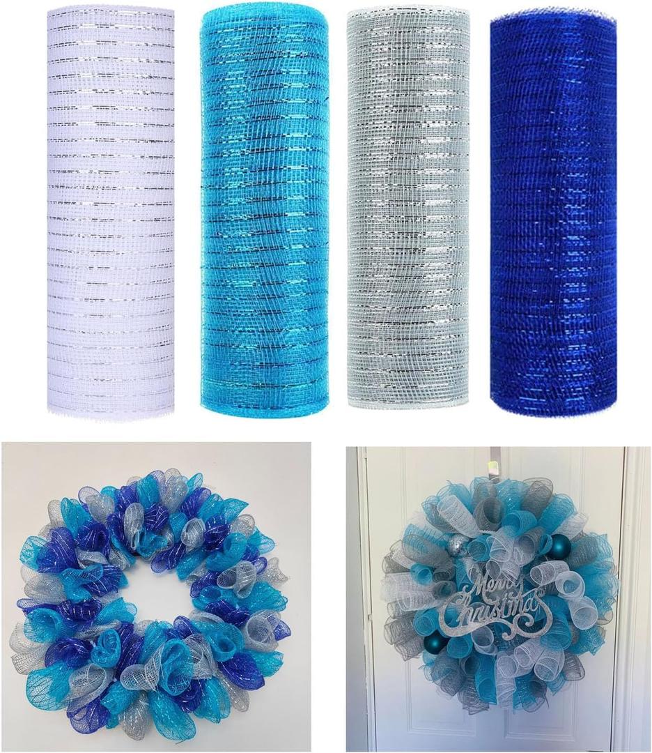 4 Rolls Deco Mesh Ribbon for Chirstmas Wreath Making Supplies, 10Inch x 30Ft Metallic Burlap Mesh Blue Silve White Deco Mesh Rolls for Christmas Summer Blue Wedding Crafts Wreaths Decor (Style 05)