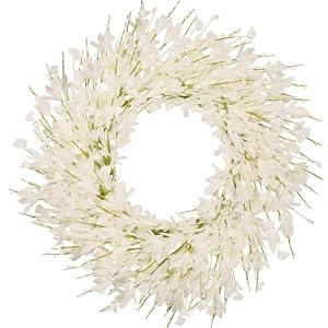 wwmira 24 Inch Artificial White Forsythia Flower Wreath, Silk & Paper Bridal Floral Wreath for Front Door, Elegant Winter Wedding & Spring Summer Decor, All Season Farmhouse Porch Wall Decor