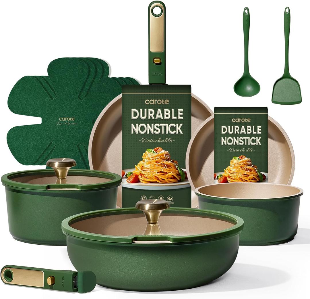 CAROTE Green&Gold Nonstick Cookware Set, 15Pcs Pots and Pans Set Non Stick Detachable/ Removable Handle, Kitchen Cooking Set Dishwasher Safe, RV Kitchen Pot and Pan, Induction Cookware