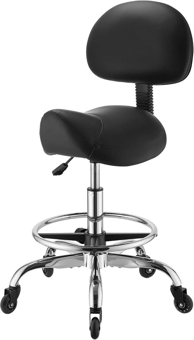 VEVOR Saddle Stool with Back Support Footrest, 500 lbs Weight Capacity, Height Adjustable, Quiet Casters, PU Leather Seat, 360 Swivel Saddle Stool Rolling Chair for Salon, Spa, Bar, Medical, Black