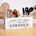 Utensil holder for Kitchen Counter Large Round Utensils Holder with Wooden Base Matte Black Cooking Utensil HolderKitchen countertop Utensil Organize (White-4 Compartments)