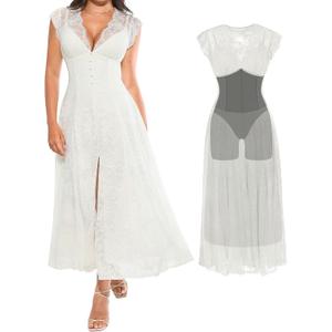 Popilush Women's Lace Formal Cocktail Sleeveless V Neck Maxi Shapewear Dress Wedding Guest Mother of Bride Split Dresses (L)