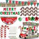 65 Pcs Christmas Golf Cart Decorations Kit, Red Green White Xmas Parade Car Decoration, Merry Christmas Pleated Fan Flag Tinsel Garland Candy Canes Balloon Foil Curtains for Holiday Parade Party Decor