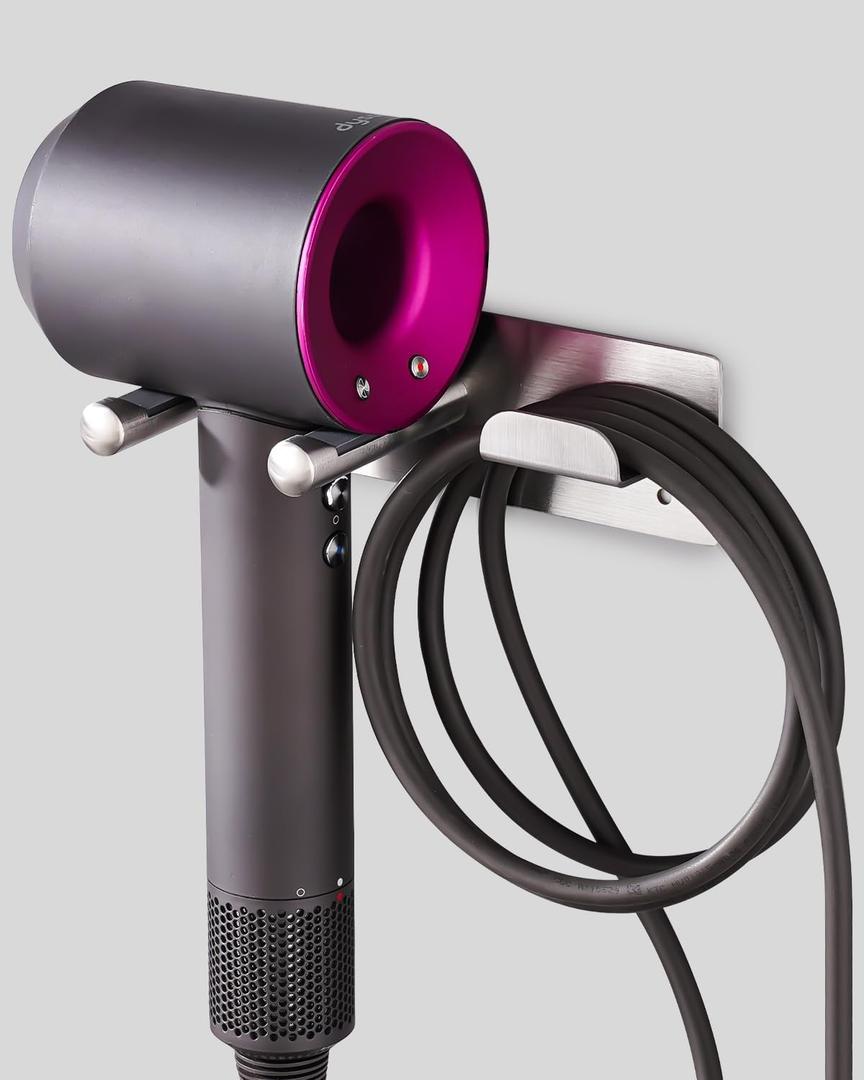 Hair Dryer Holder, SUS304 Adhesive Blow Dryer Holder Wall Mounted Compatible with Dyson Hair Dryer, Hair Dryer Organizer Dyson Hair Dryer Wall Mount (Silver)