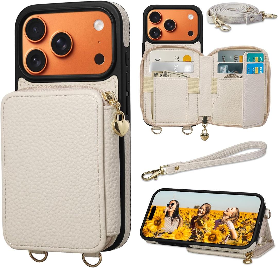 Keallce Case for iPhone 17 Pro 6.3'' Case Wallet, Crossbody Zipper Purse with RFID Blocking Card Slots Kickstand, Lanyard & Handstrap Flip Folio Leather Phone Cover for iPhone 17 Pro, Beige