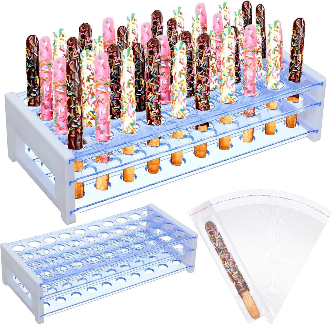 Pretzel Rod Holder and 100 Pcs Clear Bags Plastic Pretzel Sticks Stand up to 40 Rods for Christmas Wedding Birthday Treat Parties (Acrylic)