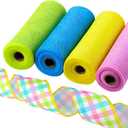 Unittype 5 Rolls Easter Poly Mesh Ribbons and Wired Edge Ribbons, 10 Inch x 10 yd Metallic Mesh Ribbon 2.5 Inch x 10 yd Satin Ribbon for DIY Craft Party Decoration(Pink Yellow Blue Green,Grid)