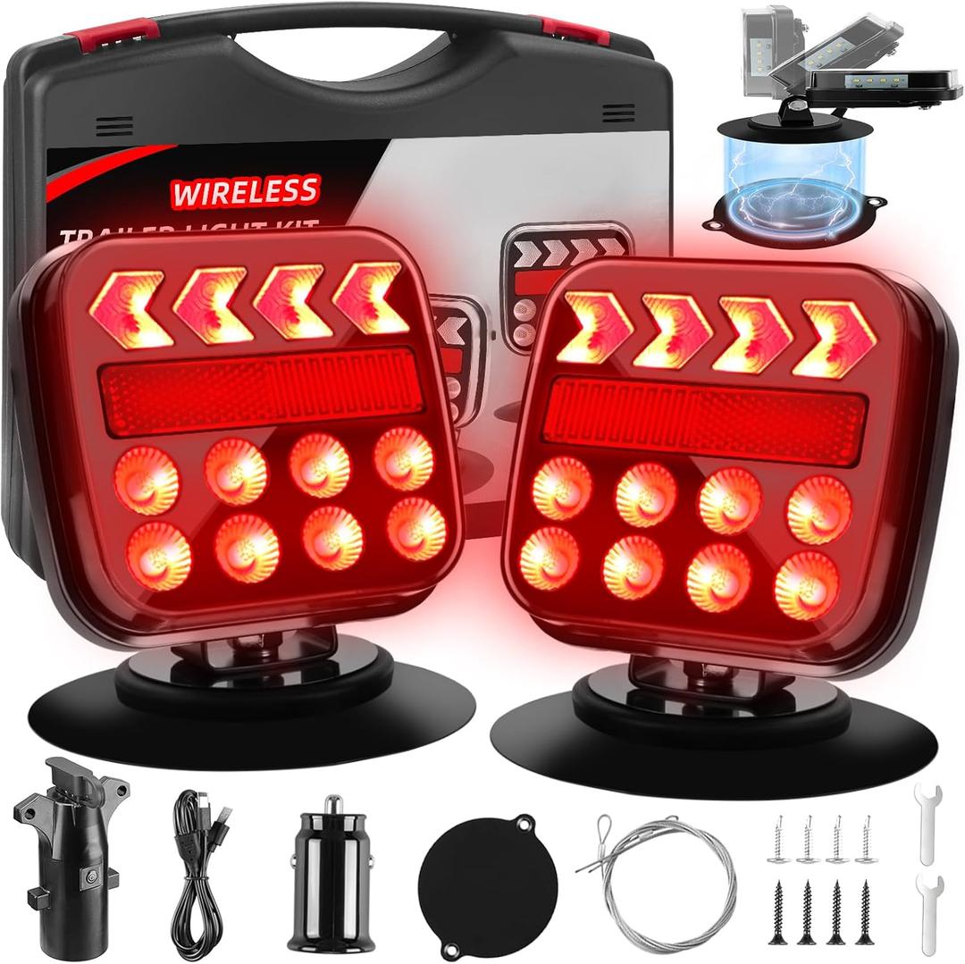 Wireless Trailer Lights Magnetic Upgraded 2.4GHz Transmission with Strobe Mode Reverse Lights Multifunction Towing Lights Kit for Trucks, Boat, RV, Vehicle, Caravan