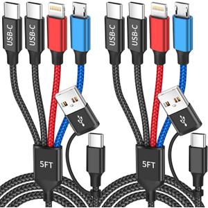 Travel 4 in 2 Charging Cable, USBA/C Multi Charging Cable for Multiple Devices with Two Type-C/Lightning/Micro USB, iPhone Charger Cord for iPhone17-12, Androids iPad, Car Accessories (2Packs, 5FT)