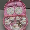 Jewelkeeper Tea Party Set for Little Girls - 18 Piece Toddler Tea Set with Floral Porcelain, Pink Wicker Basket, Utensils for Imaginative Pretend Play - Encourages Creativity and Social Skills