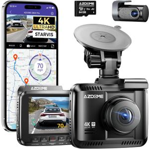 AZDOME 4K Dash Cam Front and Rear, STARVIS Night Vision, UHD 2160P WiFi Dash Camera for Cars with GPS, Included 64GB Card, 2.4" IPS Screen Dashcam, 170Wide Angle, WDR, 24H Parking Mode (GS63H Pro)