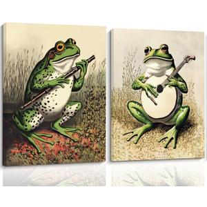 Vintage Musical Frogs Wall Art, 2 Piece Set, Funny Frog Playing Instruments Canvas Prints for Bedroom Living Room Bathroom Decor, 12x16 Inches Framed