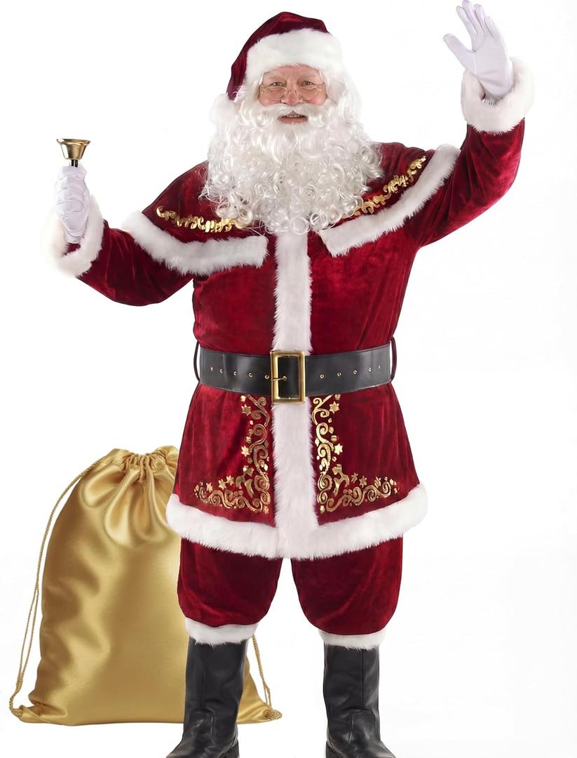 Opemon Adult Deluxe Velvet Santa Claus Costume 12pcs Set Santa Claus Suit Outfit for Men in Christmas Holiday XL