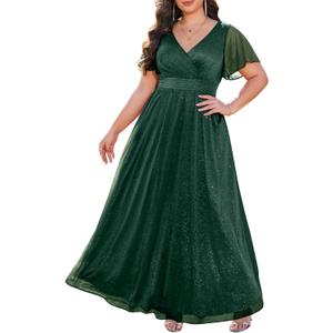 Plus Size Formal Dresses - V Neck Flutter Sleeve Glitter Prom Evening Gowns Wedding Guest Chiffon Long Maxi Dress