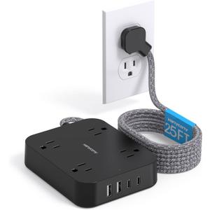 Black Extension Cord 25 Ft, HANYCONY Ultra Thin Flat Plug Power Strip with 4 Outlets 4 USB Ports (2 USB C), Wall Mount, Desk Charging Station for Office, Travel and Dorm Room Essentials