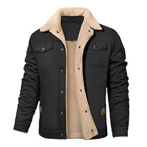Jyanl Mens Winter Jacket Thick Thermal Cotton Warm Fleece Lined Sherpa Jacket Trucker Lapel Work Cargo Jackets Coats Outerwear, Size Medium