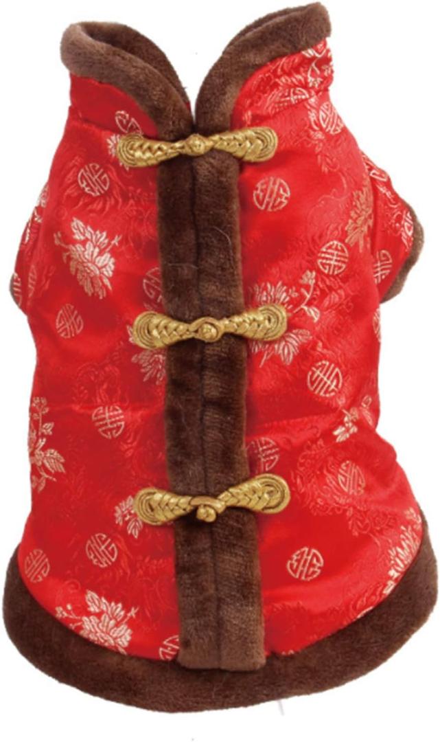 SEIS New Year Cat Knot Buttons Coat Dogs Cheongsam Winter Pet Clothes Vest Christmas Costume for Cats Teddy Bichon Small Medium Dogs (Brown, M (Chest Circumference 55cm/ 21.6"))