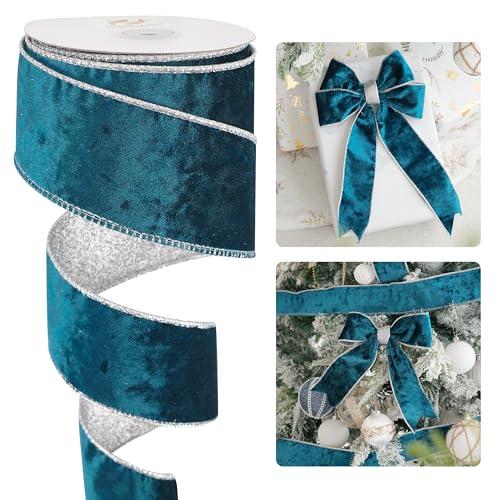 HUIHUANG Turquoise Blue Velvet Wired Ribbon 2.5 inch Blue and Silver Christmas Ribbon for Tree Decorations, Bows, Wreaths, Garlands, Gift Wrapping- Continuous 10 Yards