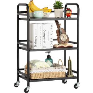 HDANI 3 Tier Rolling Cart Shelves,Heavy Duty Multifunctional Metal Frame-Supports 22 Lbs Per Tier,Rolling Cart with 2 Lockable Wheels for Home,Office,Kitchen,Bathroom,Bedroom,Black, Small