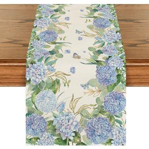 Artoid Mode Hydrangea Wildflowers Flower 210 GSM Summer Table Runner, Seasonal Spring Kitchen Dining Table Decoration for Home Party Decor 13x90 Inch