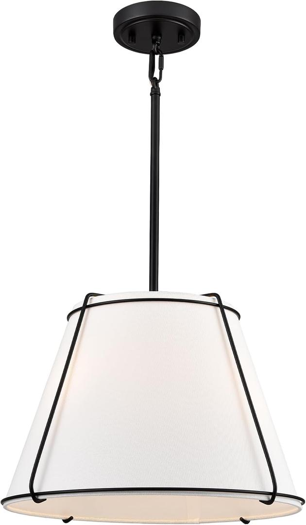 Modern Pendant Light Fixtures, 16" White Linen Drum Pendant Lights, Adjustable Hanging Light Fixture with Metal Frame, Black Chandelier for Bedroom Dining Room Kitchen Island Living Room