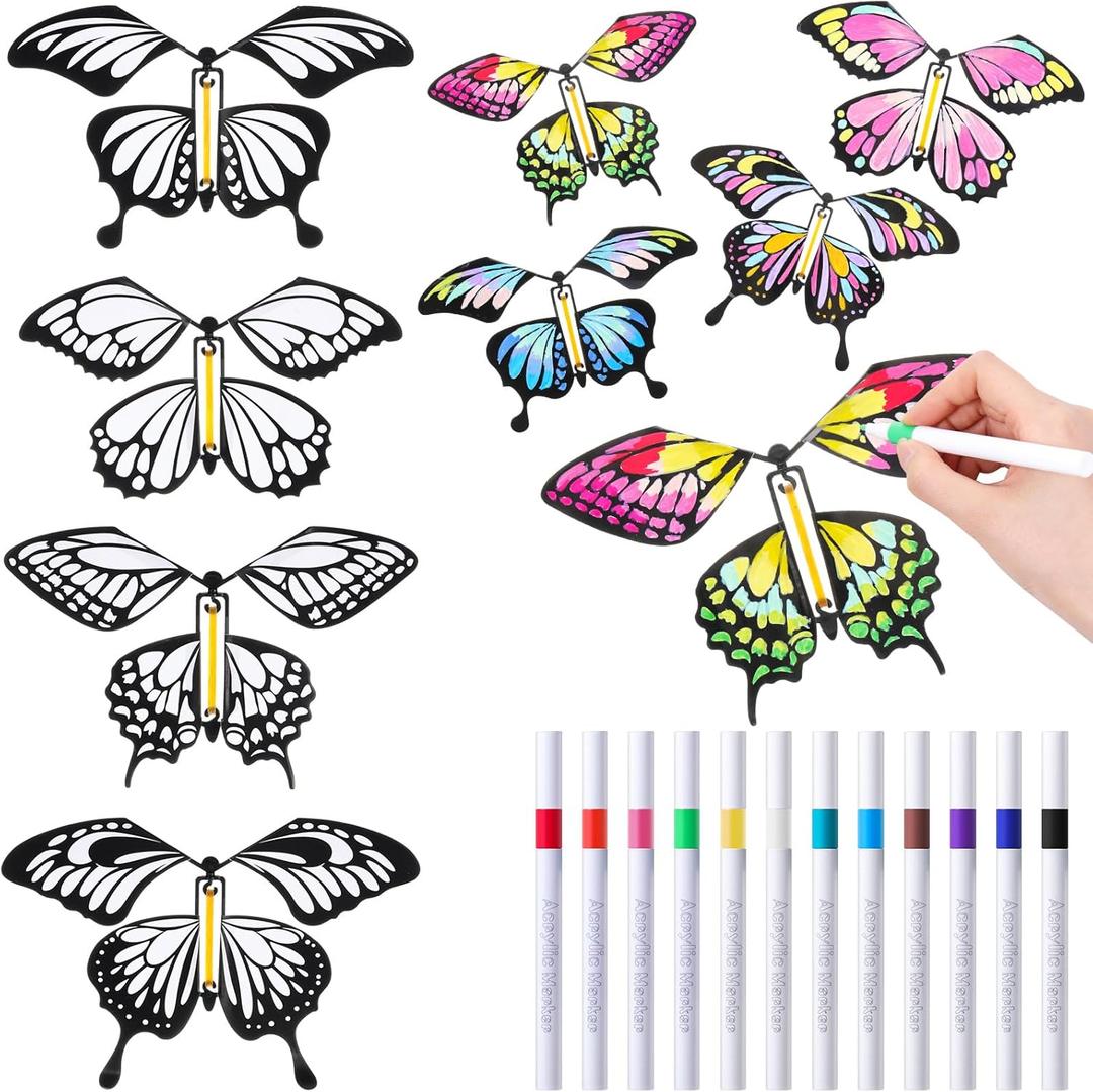 Seenelling 44 Pcs Flying Butterfly Craft Kit with 32 Wind up Butterflies and 12 Color Pens People Painting White Paper Butterflies DIY Toy for Party Game School Activity Birthday Gift (Style 2)