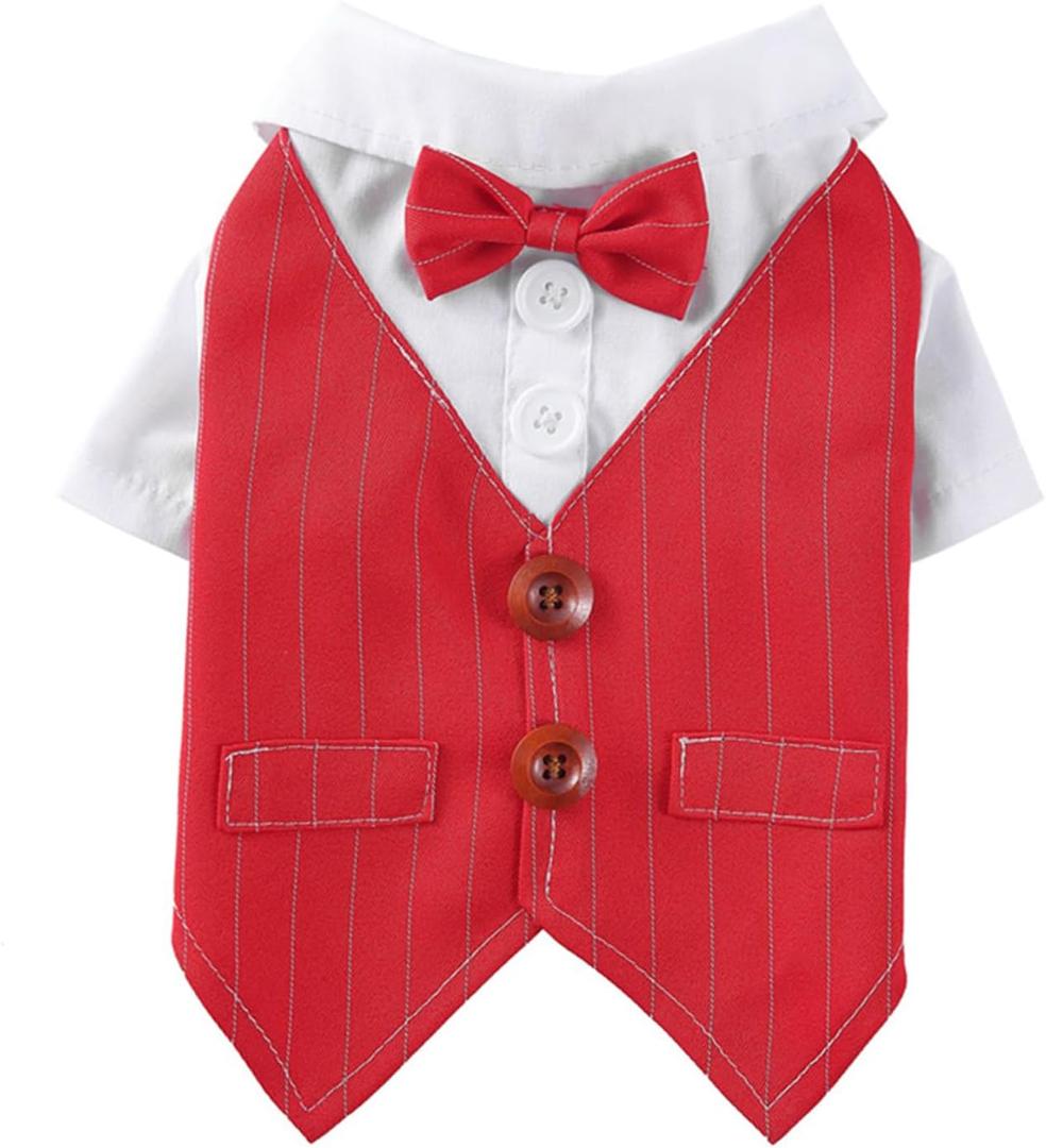 Formal Pet Attire for Small Dog Cats, Christmas Shirt Costume with Bow Tie, Puppy Tuxedo for Parties and Events (Medium, Red)