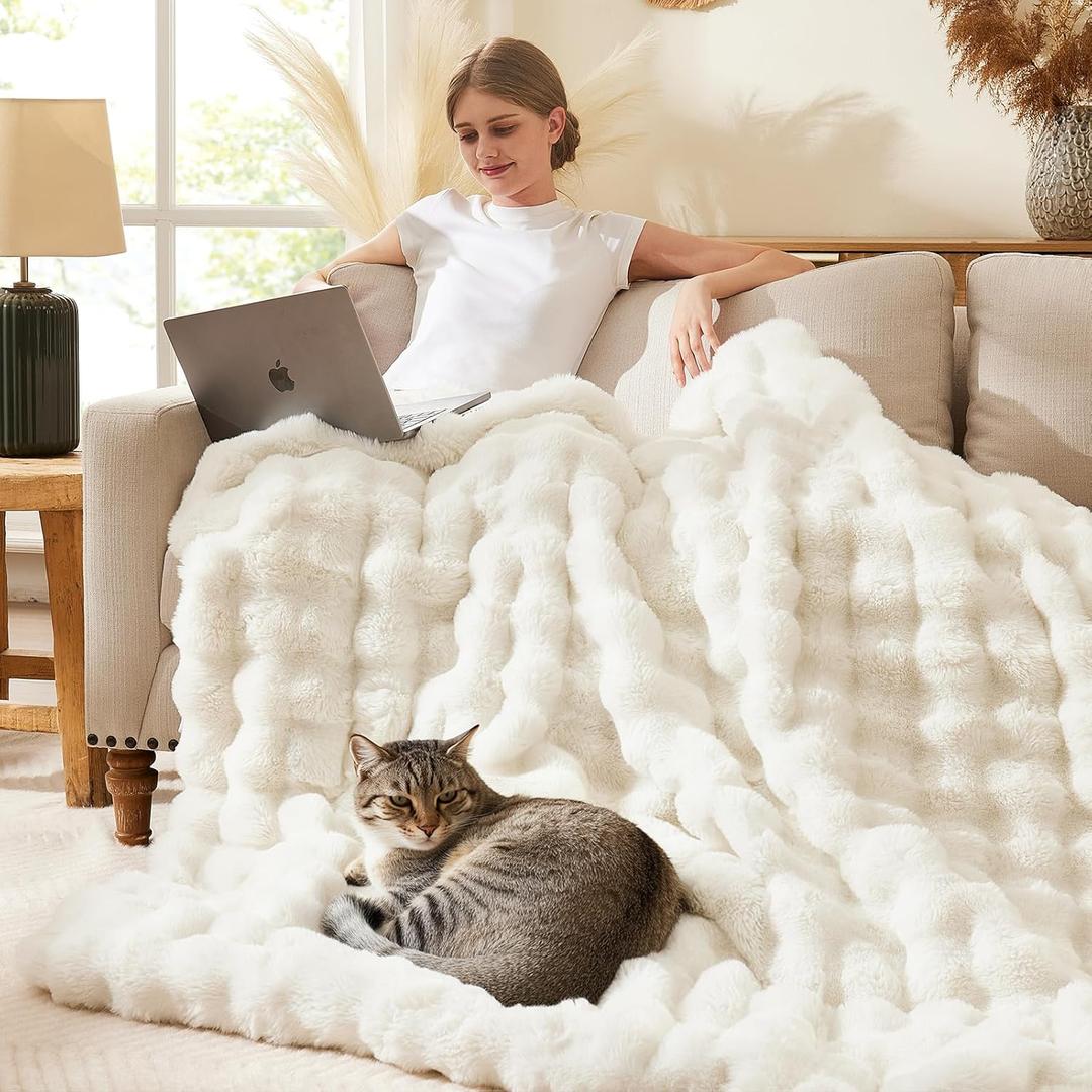 L'AGRATY Faux Fur Throw Blanket: 90" x 90" Luxury Soft Fluffy Thick Rabbit Fur Blankets for Queen Bed Couch - Cozy Plush Bubble Blankets for Winter: Warm Flannel Fleece Decorative Blanket(Cream White)