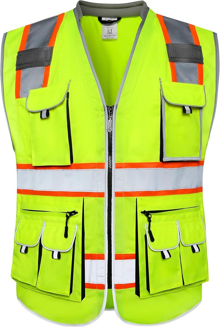 JKSafety 10 Pockets Class 2 Hi-Vis Zipper Front Yellow Safety Vest | Cushioned Collar | High Reflective Tapes with Extended Neon Orange Strips | Meets ANSI/ISEA Standards (X-Large, 89-Yellow)