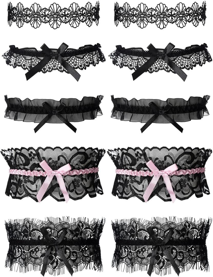 Boao 10 Pcs Wedding Garters for Bride Stretchy Lace Thigh Garters Belt Women Leg Ring for Bride Bridal Wedding Gift, 5 Style (Black)