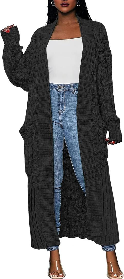 Caracilia Womens Long Cardigan Sweaters 2025 Fall Open Front Coat Long Sleeve Cable Knit Maxi Outerwear Trendy Jacket Clothes (Black, L)