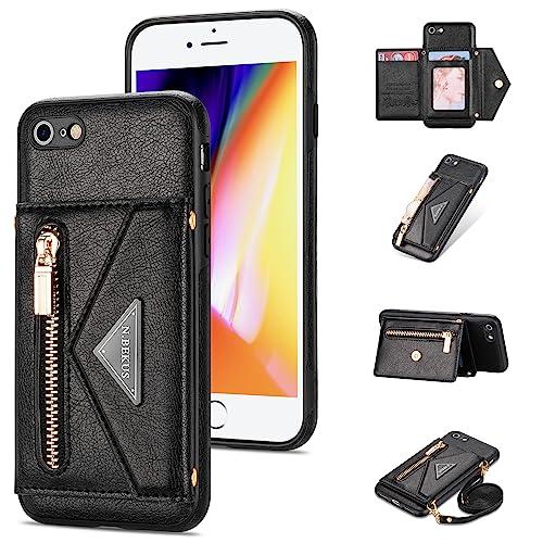Compatible with iPhone 7/ 8/ SE 2020/ 2022 Wallet Case with Card Holder and Shoulder Strap Zipper Pocket Flip Wallet Cover for iPhone7 iPhone8 7s 8s i SE2020 SE2022 2/ 2nd/ 3/ 3rd Generation SE2 SE3 Black