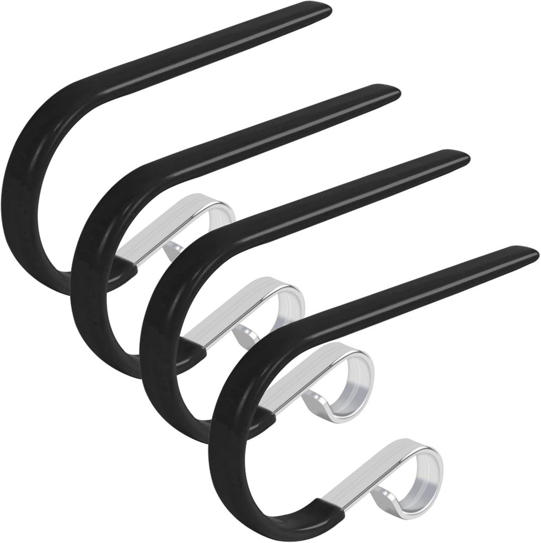 Christmas Stocking Hooks,Non Slip Vinyl Coated Stocking Holder for Mantle Set of 4 Pack, Black Metal Stocking Hanger with Rubber Coated Stocking Hooks for Christmas Party Decorations