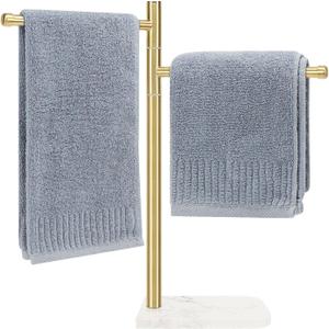 Standing Hand Towel Holder, Hand Towel Stand with Marble Base, 304 Stainless Steel Towel Rack with 2 Swivel Arm, Countertop Stand Towel Ring Towel Bar for Bathroom (Gold)