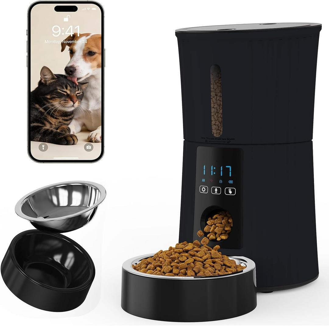 NEWBULIG Automatic Cat Feeder, 4L Timed Pet Feeders with 10s Voice Recorder, Dog Food Dispenser with APP Control, Dry Food, 10 Meals, Programmable 50 Portions, Dual Power Supply, Desiccant Bag (Black)
