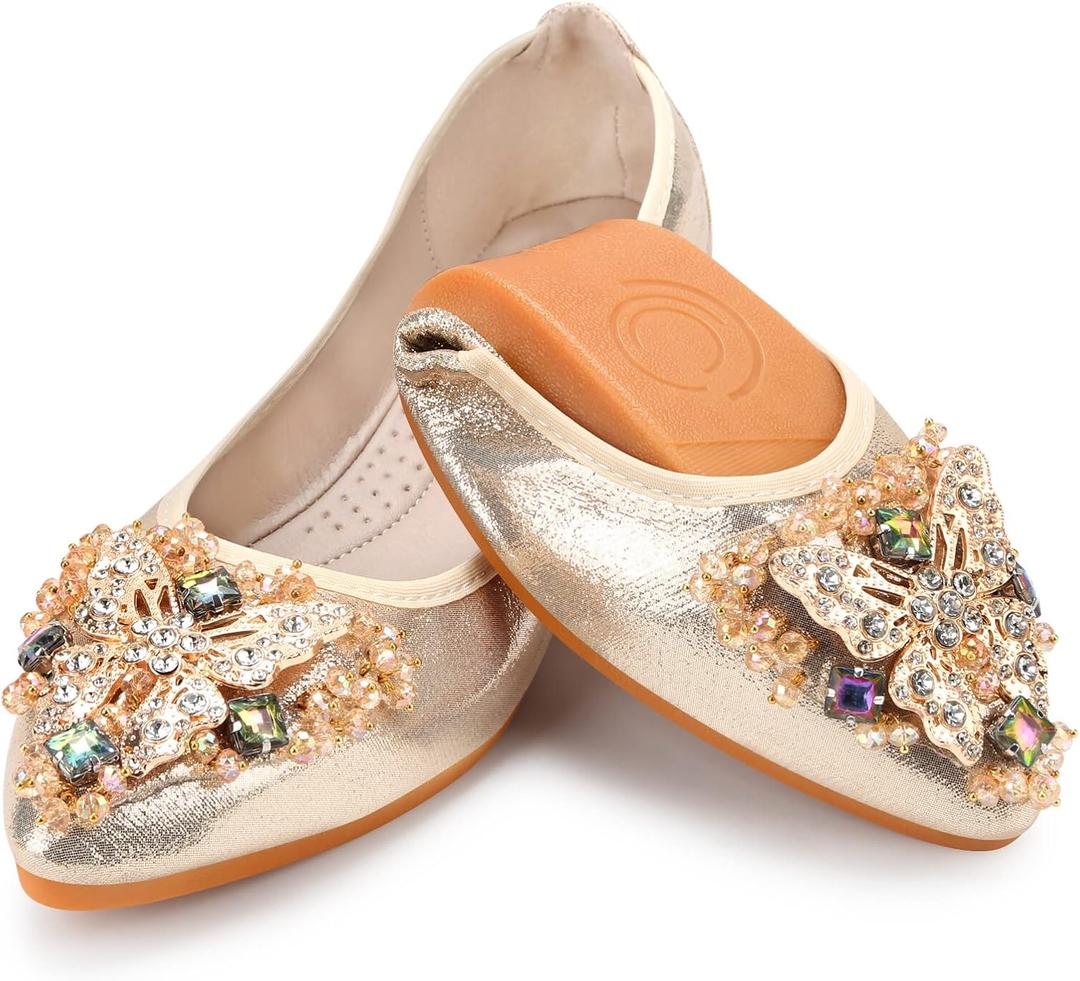 KUNWFNIX Women Ballet Flats Rhinestone Wedding Ballerina Shoes Foldable Sparkly Comfort Slip on Flat Shoes, 6