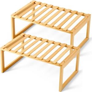 2 Pcs Kitchen Cabinet Organizer Bamboo Bookshelf Bamboo Kitchen Shelves, Cabinet Shelf Organizer, Storage Shelves for Pantry Bathroom Dining Room Study Laundry