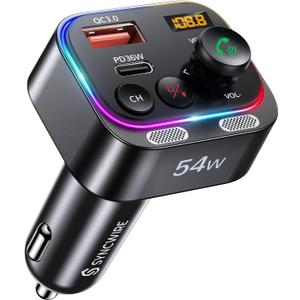 Syncwire Bluetooth 5.4 FM Transmitter Car Adapter 54W (PD 36W & 18W) [Stronger Dual Mics] [Light Switch] [HiFi Bass Sound] [Fast Charging] Wireless Radio Receiver Hands-Free Calling LED Display (Black)