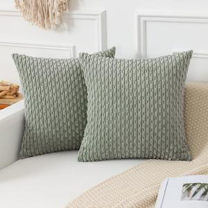 Kevin Textile Throw Pillow Covers Soft Corduroy Decorative Set of 2 Boho Striped Pillow Covers Pillowcases Farmhouse Home Decor for Couch Bed Sofa Living Room 18x18 Inch Greyish Green