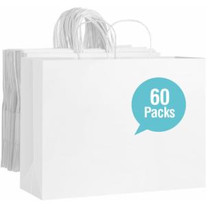 woric 60 PCS White Paper Bags with Handles, Large Gift Bag 16 x 6 x 12 inch White Gift Bag Bulk Shopping Bags for Gift Grocery Small Business