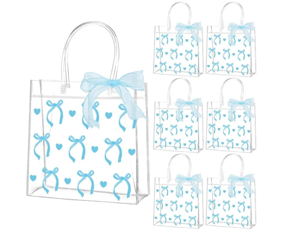 QOUBAI 24Pcs Blue Bow Clear PVC Gift Bags with Handles Bulk Bowknot Goodie Treat Candy Bags Coquette Bow Wedding Wrap Tote Bag with 1 Roll of Blue Ribbon for Birthday Baby Shower Decorations Supplies