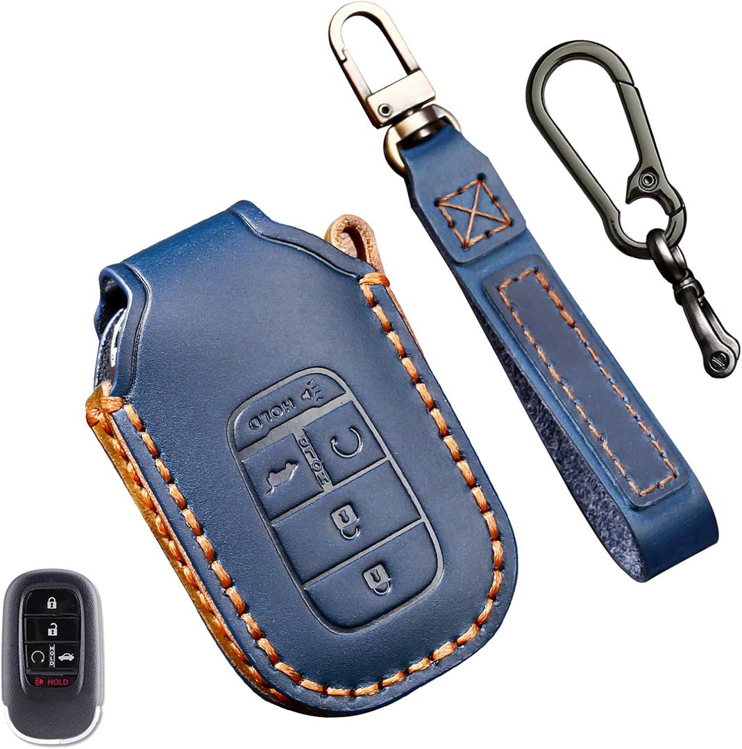 2022 2023 2024 2025 2026 Leather Key Fob Cover, Compatible with Honda Accord Civic HR-V CR-V Pilot Sport SI EX EX-L Touring, No Screw Design Retro Style Smart Key Protector, 4/5 Button(Blue)