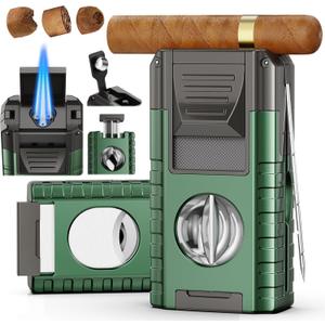6-in-1 Torch Cigar Lighter with Triple Jet Flame, Dual Cigar Cutter, Punch, Draw Enhancer, Holder, Refillable Butane Lighter with Gift Box, Cool Lighters Cigar Accessories for Smoking, Travel, Candles (Green Gray)
