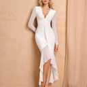 GLNEGE Long Sleeve Fall Wedding Guest Formal Dresses V Neck Ruffles Ruched Cocktail Bodycon Midi Dress for Women White (White)