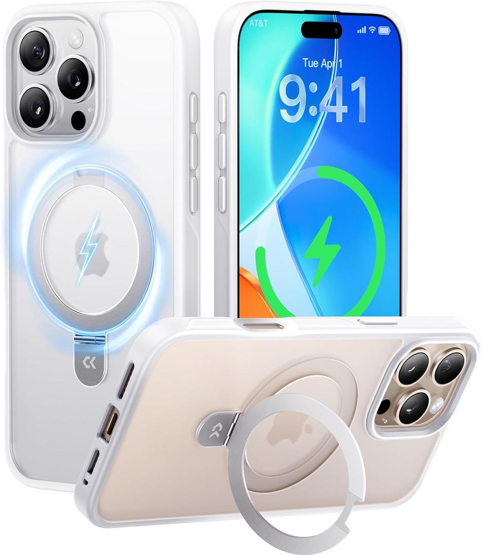 CASEKOO Ultra-Magnetic Stand for iPhone 16 Pro Case [Military Drop Protection] [Compatible with MagSafe] Shockproof Translucent Matte Slim Ring Holder Case for iPhone 16 Pro 6.3", Dove White